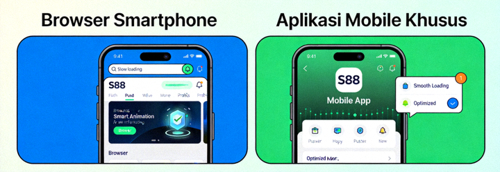 Animasi ilustrasi perbandingan akses M88 melalui browser smartphone versus aplikasi mobile khusus