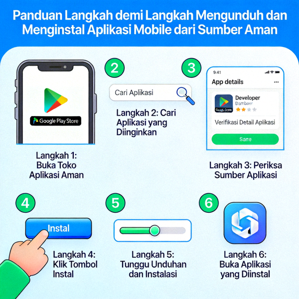 Animasi panduan langkah demi langkah mengunduh dan menginstal aplikasi mobile dari sumber yang aman
