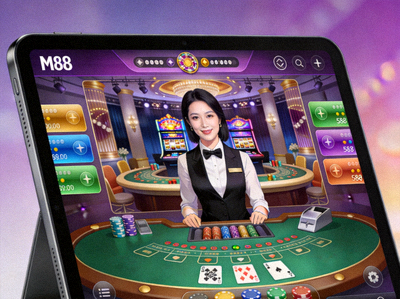 Tampilan permainan live casino M88 di tablet dengan video dealer langsung di tengah layar